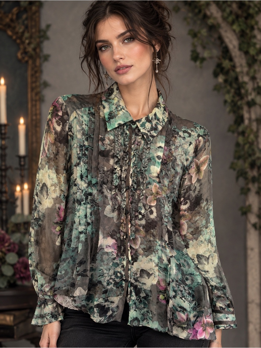 Tricot Chic 12 Whimsi Fairy Goth Semi Sheer 
Watercolor Floral 100% Silk Blouse